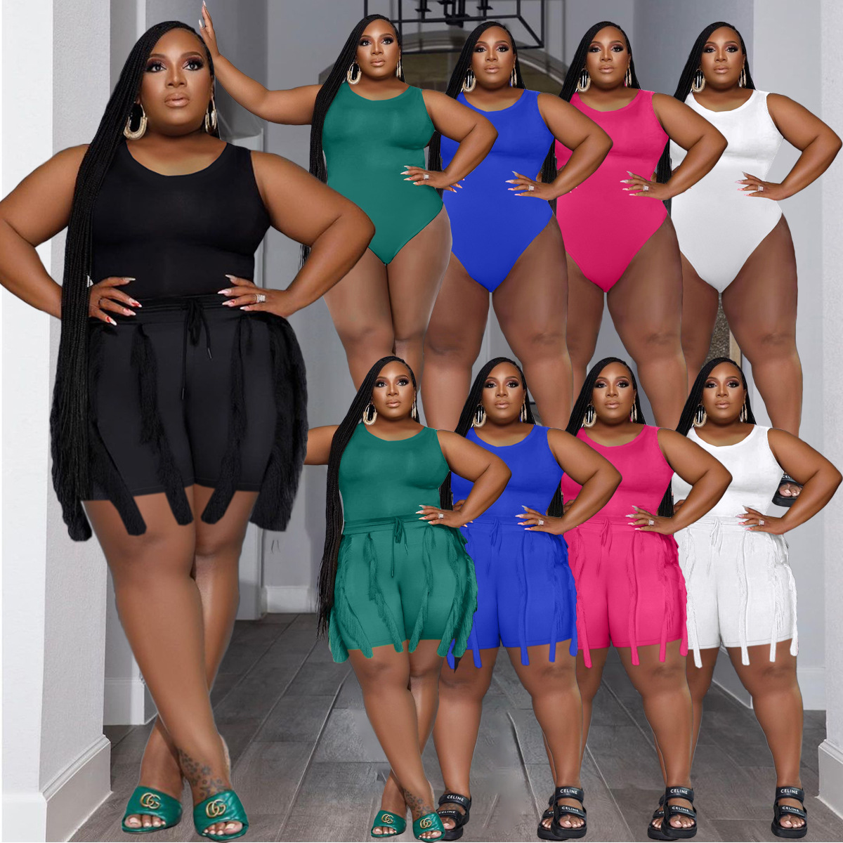 Women's Clothing Two-piece Set with Tassel Shorts, Sleeveless Casual Suit, Sports Large Size Two-piece Set_voghion.com