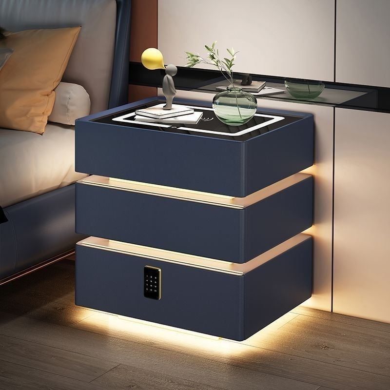 Moda inteligente mesita de cabecera de cuero sintético cuero amón combinado con cajón de madera sólida con lámpara LED de huellas dactilares bloqueo inalámbrico
