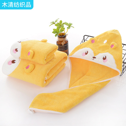 Coral velvet dry hair hat for women, water-absorbent quick-dry headscarf, cute and thick bath cap, hair-wiping towel, cartoon dry hair towel