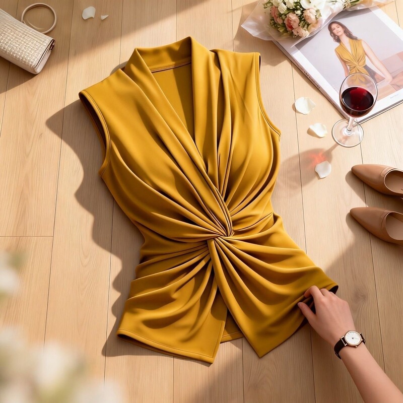 Summer New Style Twisted V-Neck Sleeveless Vest for Women, Elegant and Mature Style with Tie-Up Waist, Korean-Style Outerwear Top
