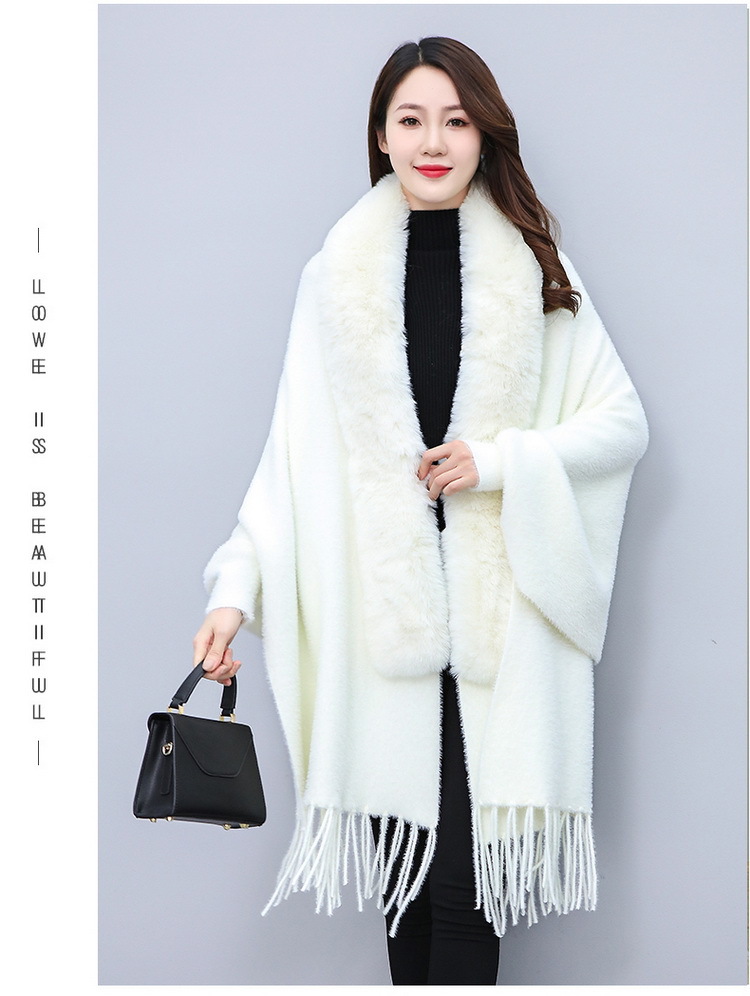 Mantella con collo di pelliccia medio lungo, grande taglia, cardigan lavorato a maglia con frange e mantello da donna_voghion.com