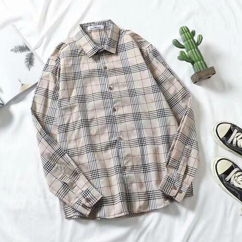 Men and Women Long Sleeve Couple Retro Checkered Four-Season Student Korean Style Trendy Versatile Shirt Blouse Loose Hong Kong Style