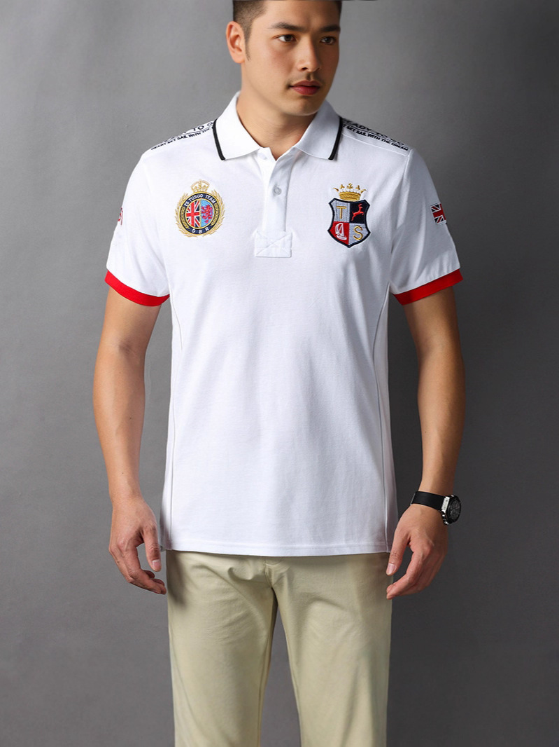Short-sleeved polo shirt men's white British sports British royal leisure cotton cross-border trade plus size white embroidery