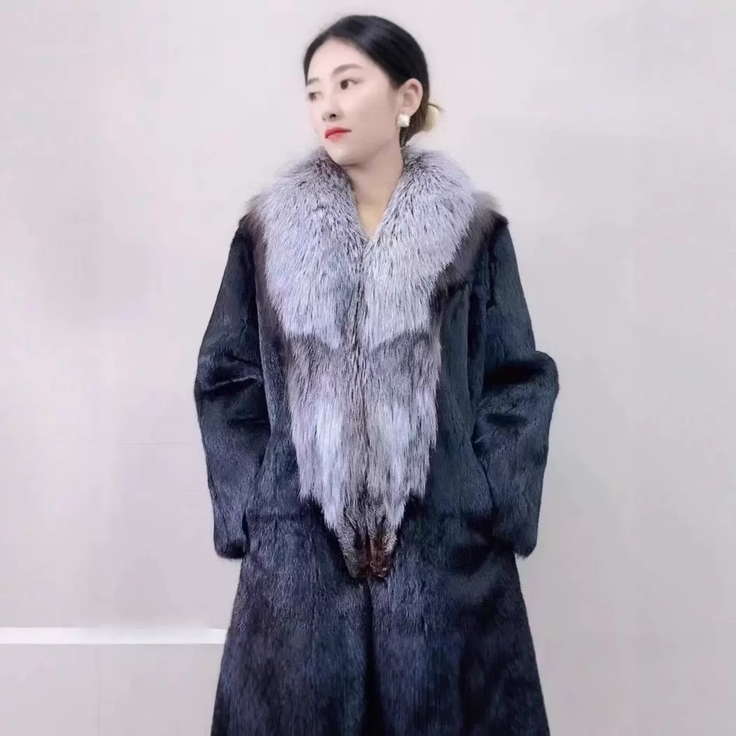 女士兔毛皮草外套冬季新款整皮大衣裘皮中长款超大银狐毛领妈妈款