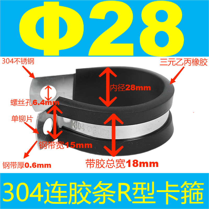 304 acero inoxidable tira de goma garganta tipo R tubo de agua fijo abrazadera de alambre de cable de alambre de tubo de acero inoxidable abrazadera de amortiguación