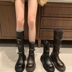 羊皮版~葡萄妈同款不过膝长靴女时髦皮带扣圆头厚底百搭靴骑士靴