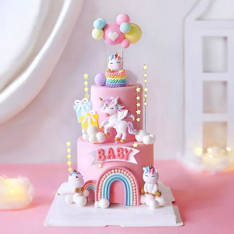 Baking Cake Decoration Girly Heart Original Rainbow Fantasy Unicorn Clouds Hot Air Balloon Kids Birthday Plug-in