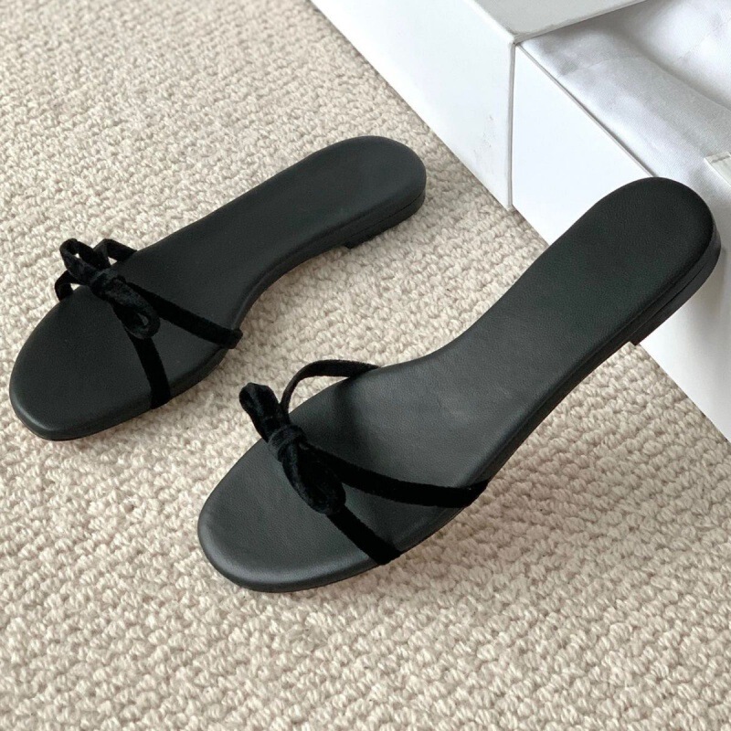 2024 New Velvet Bow Flat Sandals for Women, Fashionable and Easiest for Match Casual Strap Fairy Sandals for Women