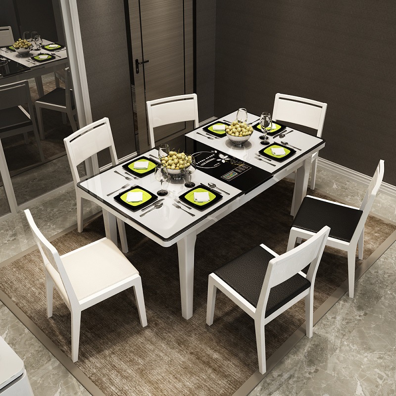 Mesa de comedor y silla combinación simple moderno multifuncional pequeño apartamento de vidrio templado Cocina de Inducción retráctil olla caliente mesa de arroz