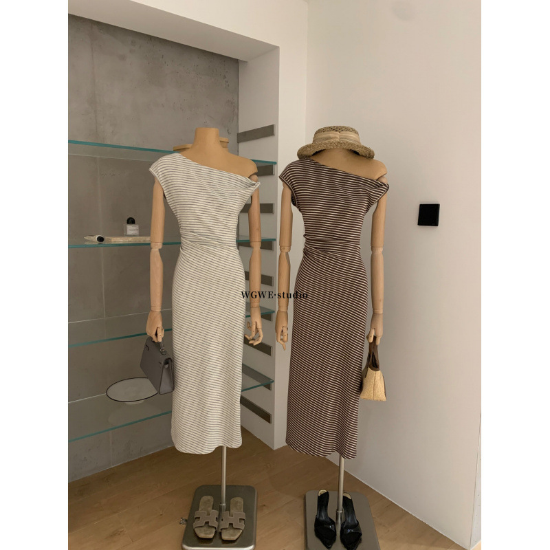 Schnei Wgwe9170 Spring/Summer Asymmetrical Striped Dress for Women with Ruched Twist Waist, Slimming Mid-Length Dress with a Sense of Design Schnei Wgwe9170 Spring/Summer Asymmetrical Striped Dress for Women with Ruched Twist Waist, Slimming Mid-Length Dress with a Sense of Design