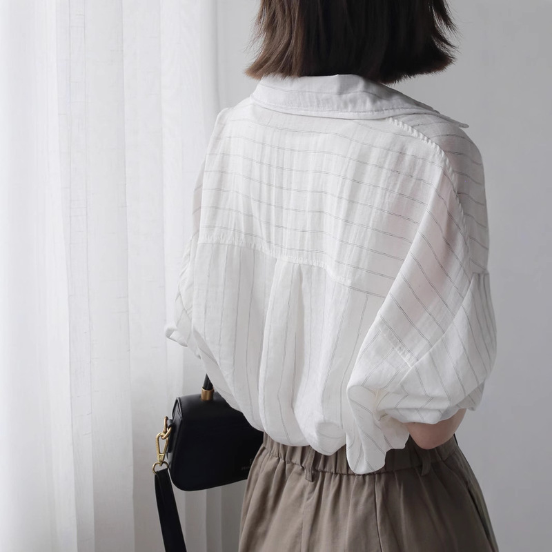 2025 ゆったり薄手日焼け止め服ストライプ綿麻長袖シャツミドル丈レトロアウタートップ|undefined