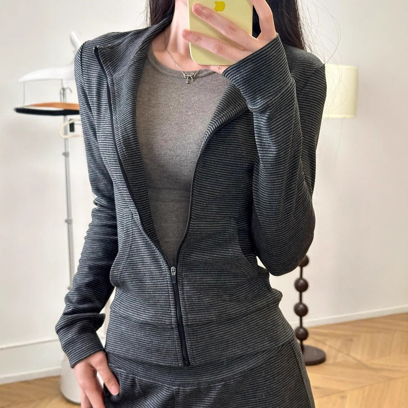 Striped Sweatshirt Jacket for Women 2026 Spring New Style Set Fitted Top Long-Sleeve Old Money Style Women's Outfit Complete Set Thin