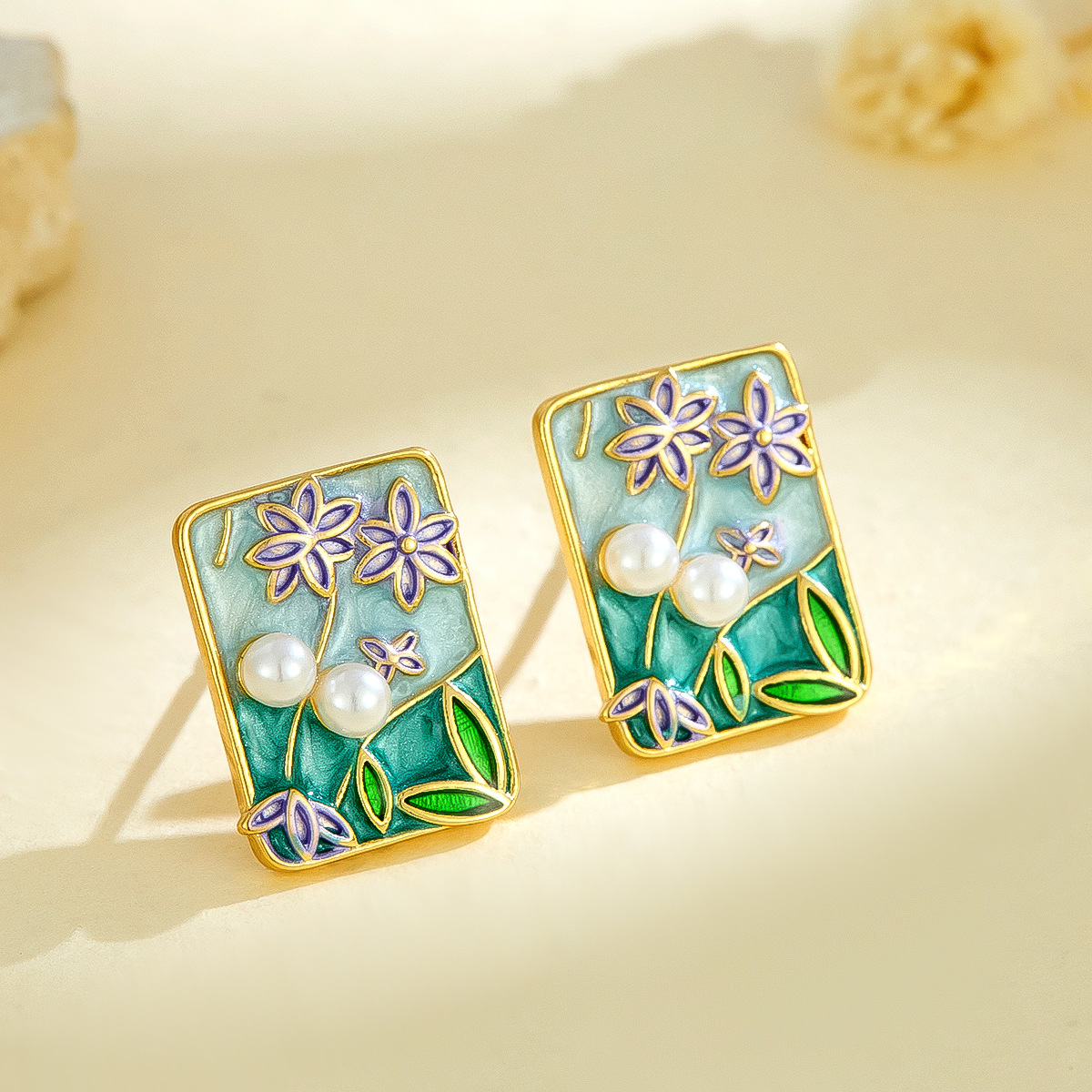 Monet Garden nuevo estilo pintura al óleo pintura pintada goteo de aceite pendientes de flores con incrustaciones de perlas pendientes de cobre de moda de alta calidad