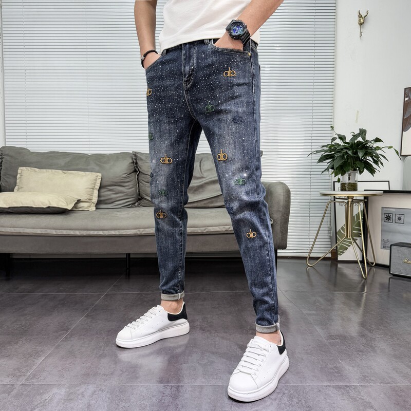 2025 Spring and Autumn New Trendy European Style Rhinestone Embroidered Jeans for Men Fashion Versatile High Street Slim Fit Skinny Pants