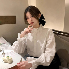 木耳花边领白色衬衫女新款早秋法式复古上衣叠穿内搭打底衬衣