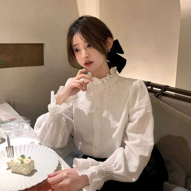 White Blouse with Ruffled Lace Collar for Women, New Early Autumn French Retro Top, Layered Base Shirt