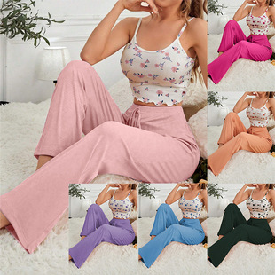 Cross-Border Foreign Trade Women's Home Clothes European and American Floral Suspender Trousers Suit Casual and Comfortable Women's Pajamas That Can Be Worn Outside