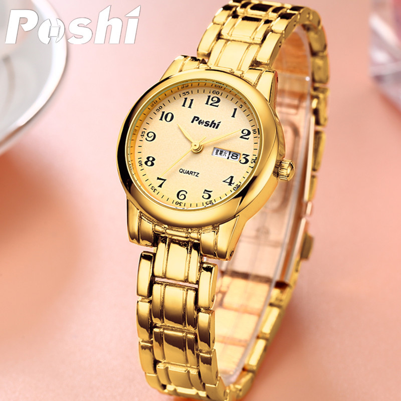 Poshi reloj de mujer nueva moda correa de acero inoxidable doble calendario reloj de mujer reloj de cuarzo venta al por mayor entrega de una pieza