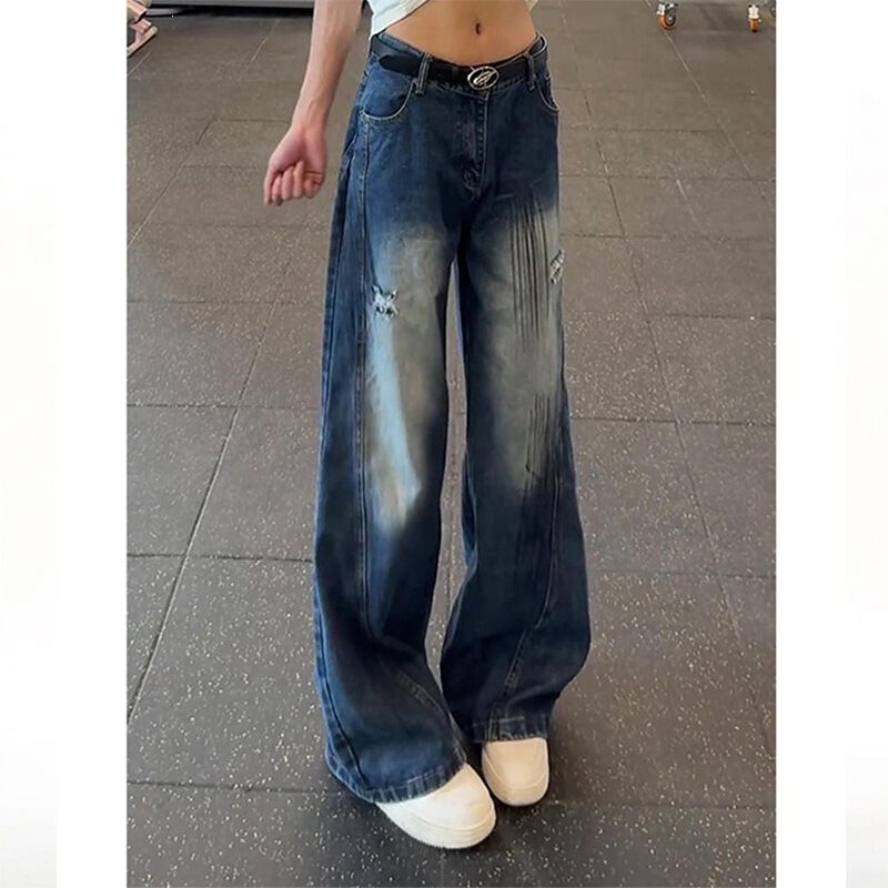 American retro blue workwear jeans for men, spring/summer slightly flared pants, loose-fitting, casual style, wide-leg curved pants American retro blue workwear jeans for men, spring/summer slightly flared pants, loose-fitting, casual style, wide-leg curved pants