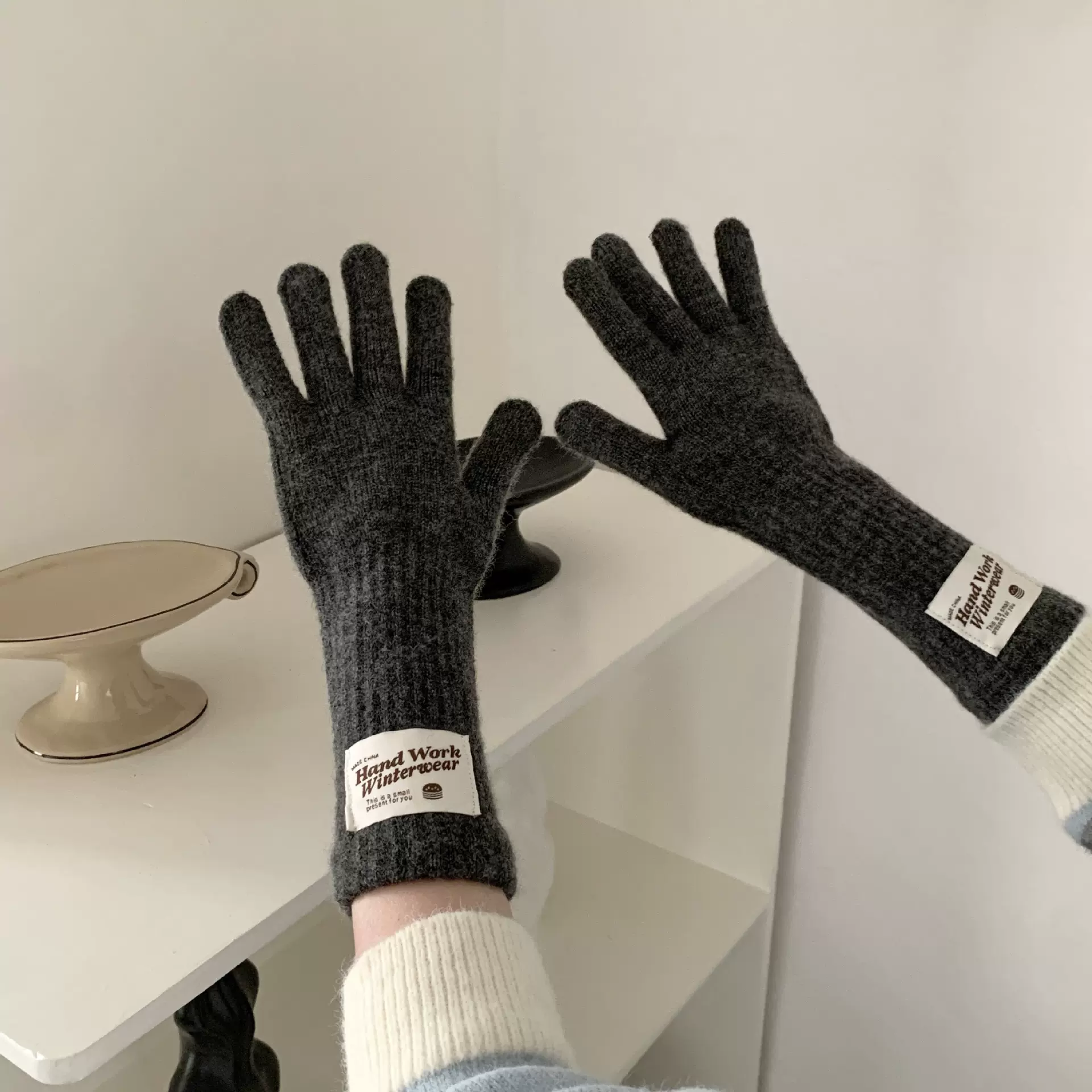 冬季韩系女手套纯色保暖针织长款触屏露指防风五指骑行潮情侣百搭