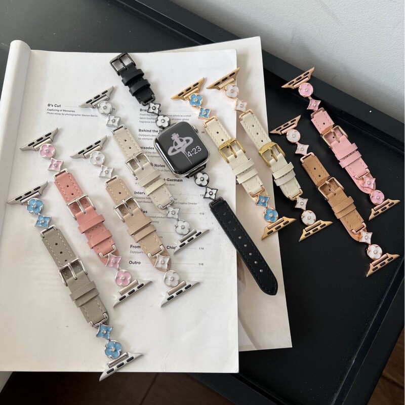 Suitable for Apple Watch S10 Four-Leaf Flower Leather Strap Applewatch9 Classy Strap Ses8 Zircon Strap Suitable for Apple Watch S10 Four-Leaf Flower Leather Strap Applewatch9 Classy Strap Ses8 Zircon Strap