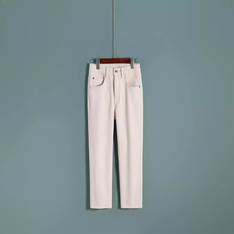 Turkish Flaxseed White Fabric Jeans for Women, New Spring High-Waisted Slimming Cigarette Pants, Straight-Leg Cropped