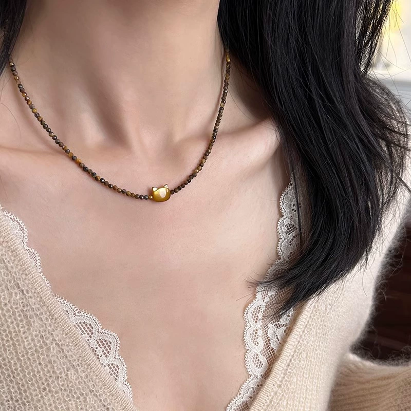 Маиррад малое частички тигровый глаз шоколадно-золотистый ракушка кот necklace женщины ограненный тигровый глаз осень и зима свитер цепочка