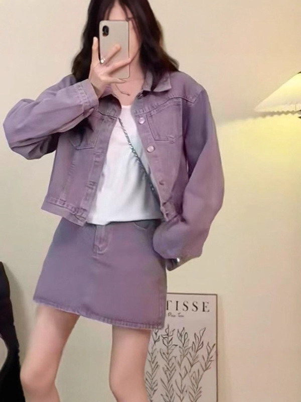 羊诚故事 休闲百搭牛仔套装裙女2025秋季新款外套半身裙两件套装|undefined