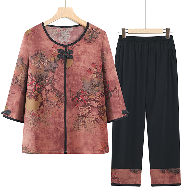 妈妈宽松夏季短袖中老年女夏装新款奶奶T恤两件套装老人太太衣服