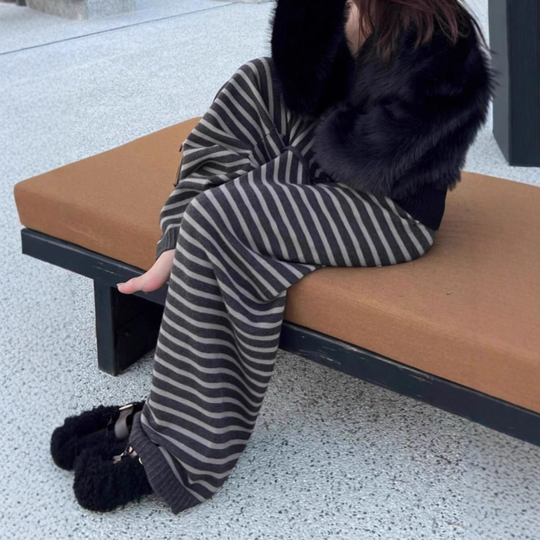 超绝松弛感经典款撞色条纹阔腿裤女秋冬季加厚保暖复古针织拖地裤