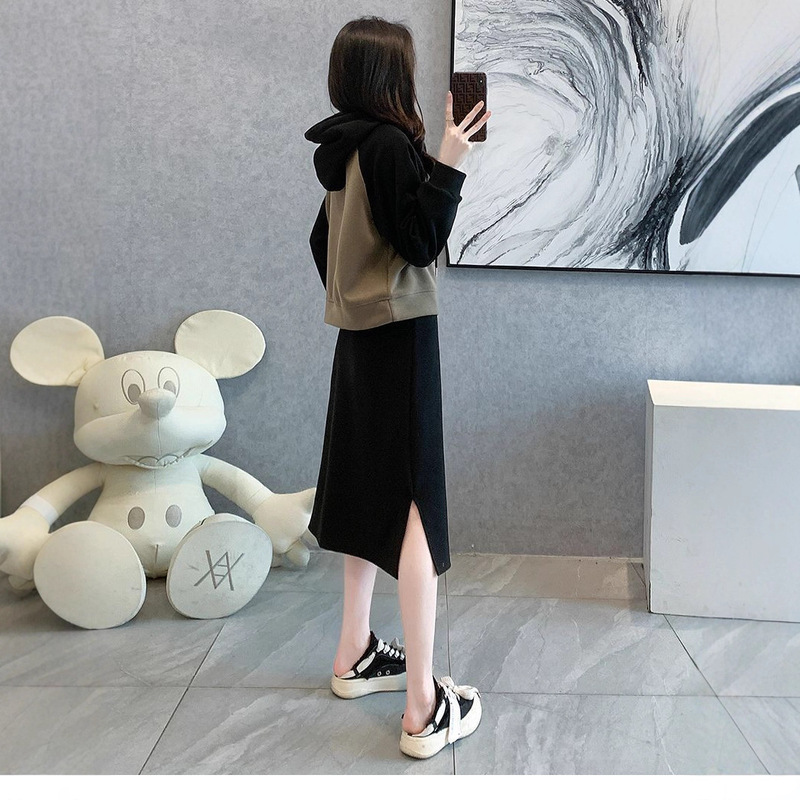 连帽卫衣+半身裙套装卫衣开叉裙两件套拼接时尚卫衣套装女跑步服|undefined