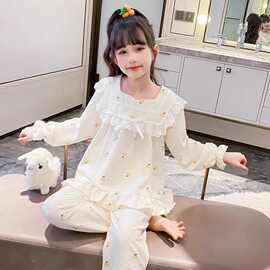 黁白长袖女童睡衣套装春秋季新款公主风儿童家居服套头中大童睡衣