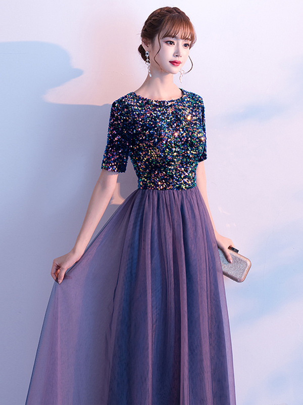 Evening Dress for Women 2026 New Style Light Luxury Niche Banquet Elegant Purple Sequin Choir Performance Dress for Female Host Solo Performance