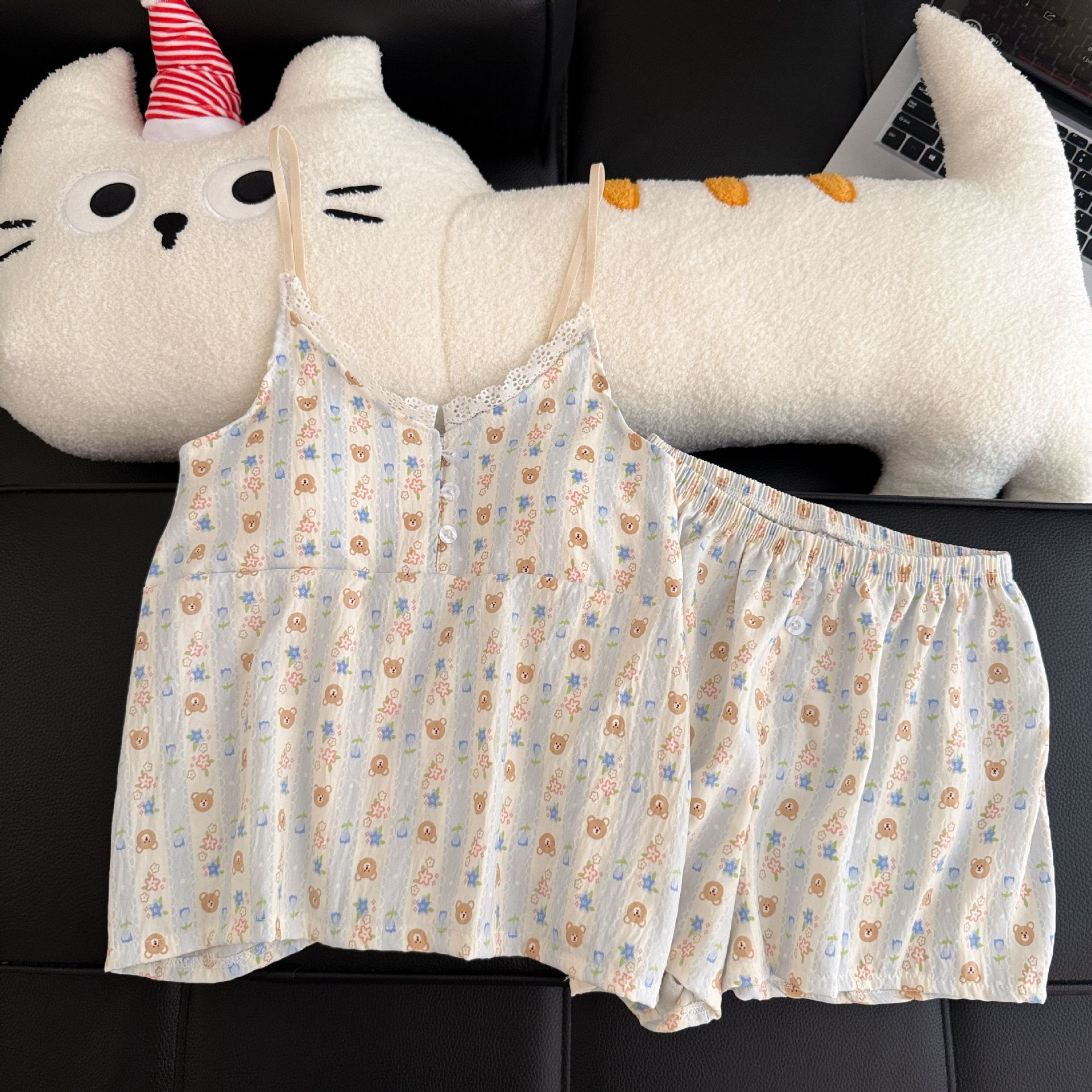 Pantalones cortos con cojín de pecho al por mayor transfronterizo pijamas de verano nuevo algodón nublado dulce conjunto de ropa de casa a cuadros