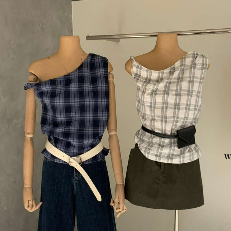 Wgwe8904 French-Style Retro Plaid Sleeveless Vest for Outerwear, Korean-Style Retro Waist-Cinching Slimming Shirt