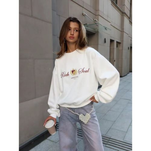 European and American Style Autumn/Winter Casual Versatile Loose Fleece Lined Thick Fashion Print Hooded Crew Neck Sweatshirt for Women