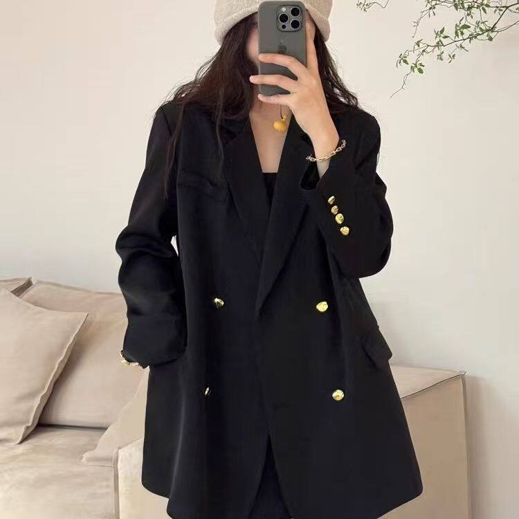 Áo vest nữ màu đen dáng rộng cổ vest một hàng cúc tay dài — màu đen