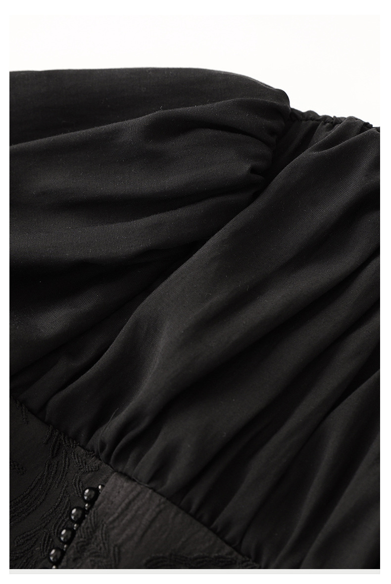 Đầm maxi nữ thắt eo phong cách dân tộc, phù điêu jacquard đính hạt satin — Màu đen chi tiết 17