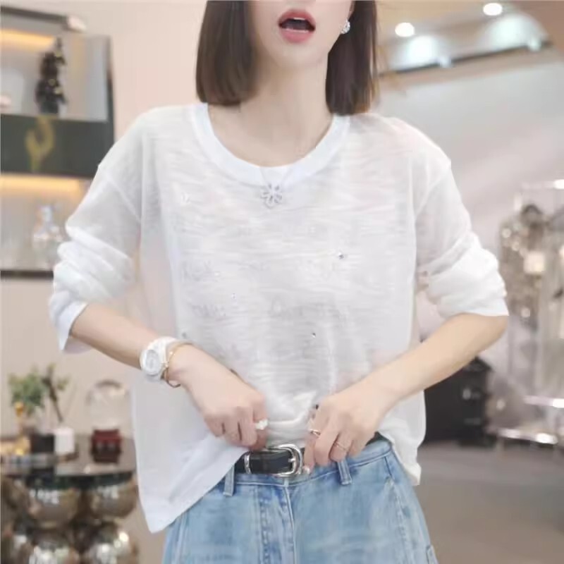 Lazy Style Korean Letter Sun Protection Blouse for Women in Summer Loose and Versatile Thin Long-Sleeved t High-End Printed T-Shirt