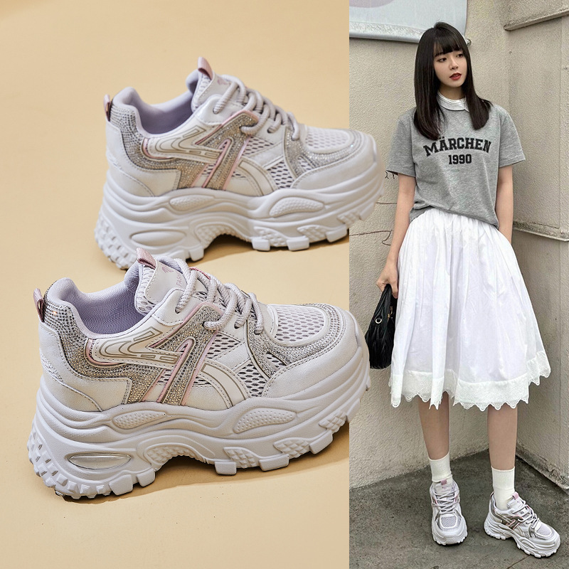 秋季老爹鞋2025新款水钻休闲鞋8cm增高厚底运动鞋小个子百搭女鞋|undefined