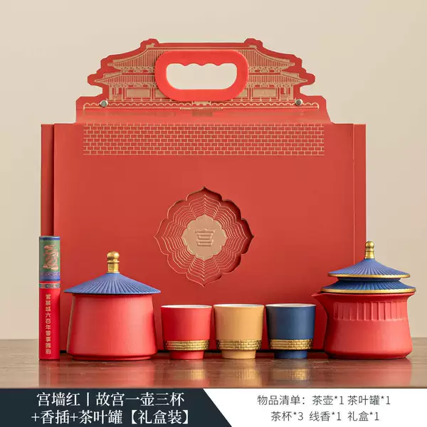 Palace Wall Red丨Forbidden City One Pot and Three Cups + Incense Stick + Tea Can [Gift Box]