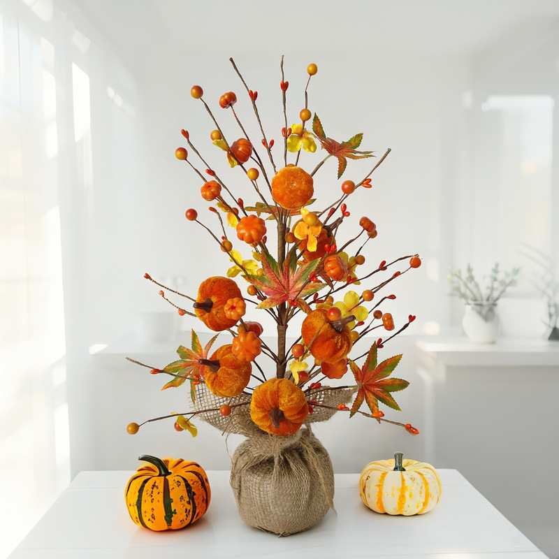 Simulated Berry Velvet Pumpkin Decoration Small Tree Desktop Ornaments Autum Harvest Festival Thanksgiving Halloween Maple Leaf Tree