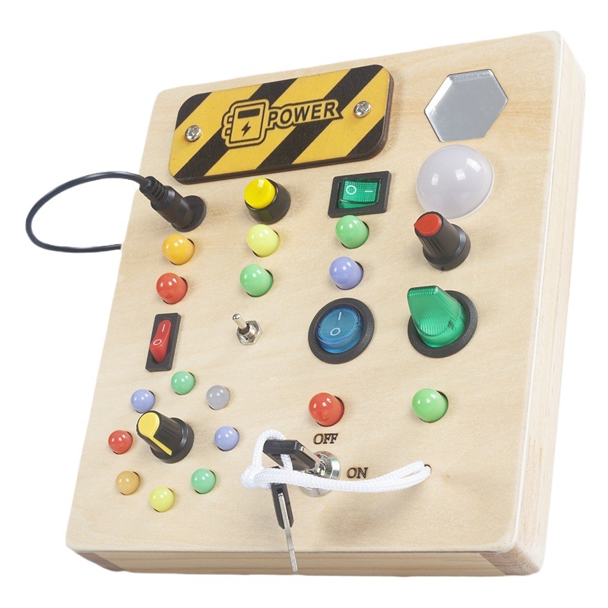 Interruptor LED ocupado tablero de los niños de educación temprana juguetes educativos interruptor de madera caballo corriendo placa de circuito de luz juguetes de aprendizaje