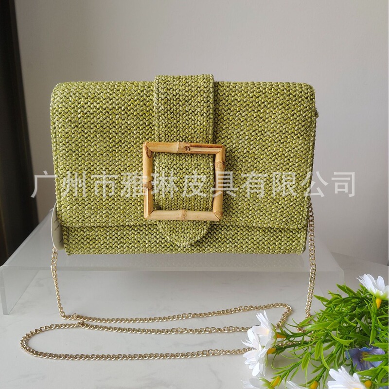 New Matcha Green Straw Woven Women's Bag Square Bamboo Buckle Casual One-Shoulder Crossbody Clutch Source Factory