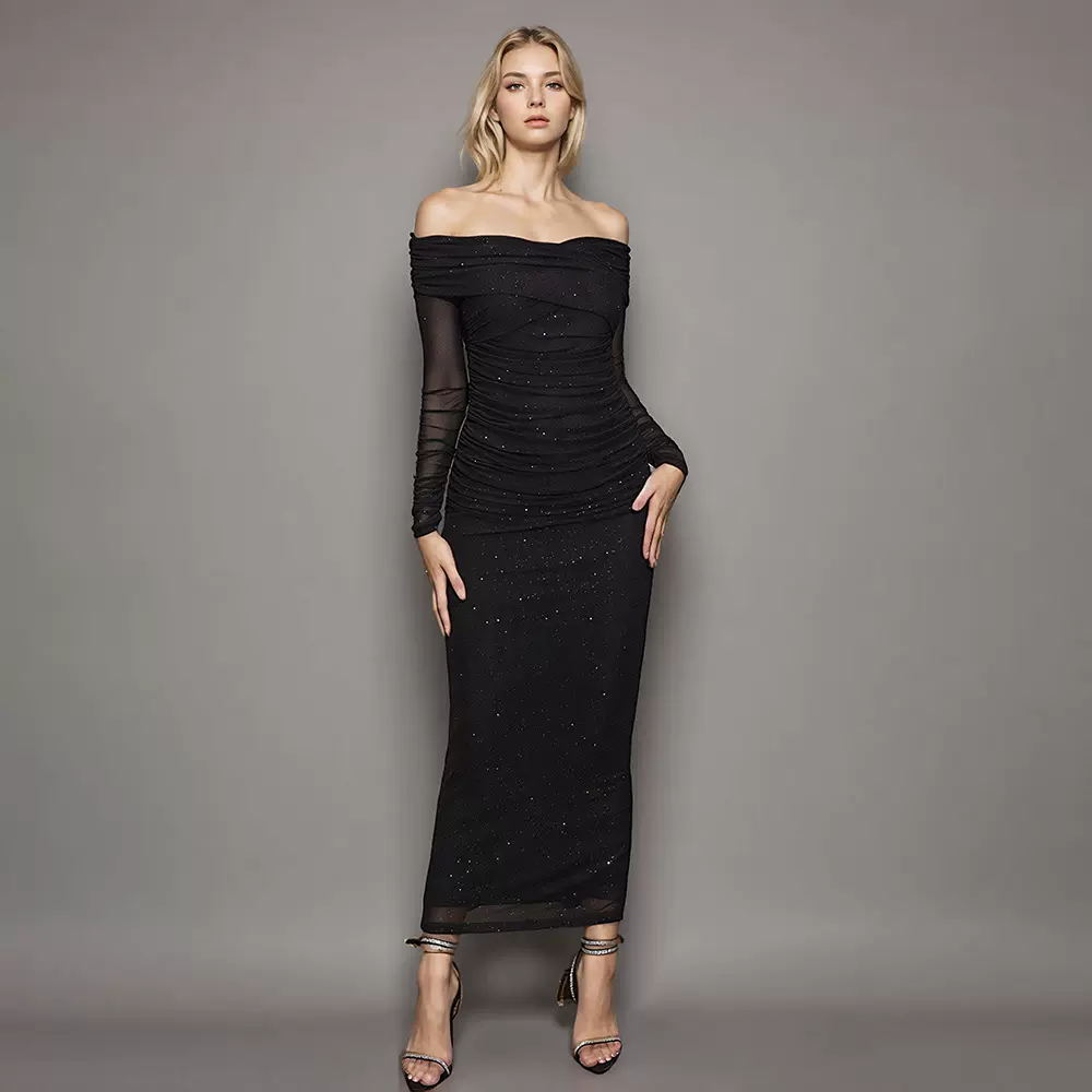 加工定制亚马逊秋季新款欧美性感气质风连衣裙抹胸长袖网纱敬酒服