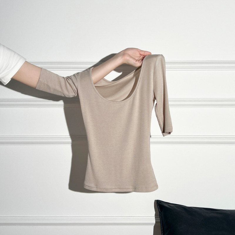 Get It for Me~ U-Neck Spicy Girl Style Half-Sleeve Slightly Sheer Inner Camisole Slim Fit Mid-Sleeve T-Shirt Short-Sleeve Top for Women