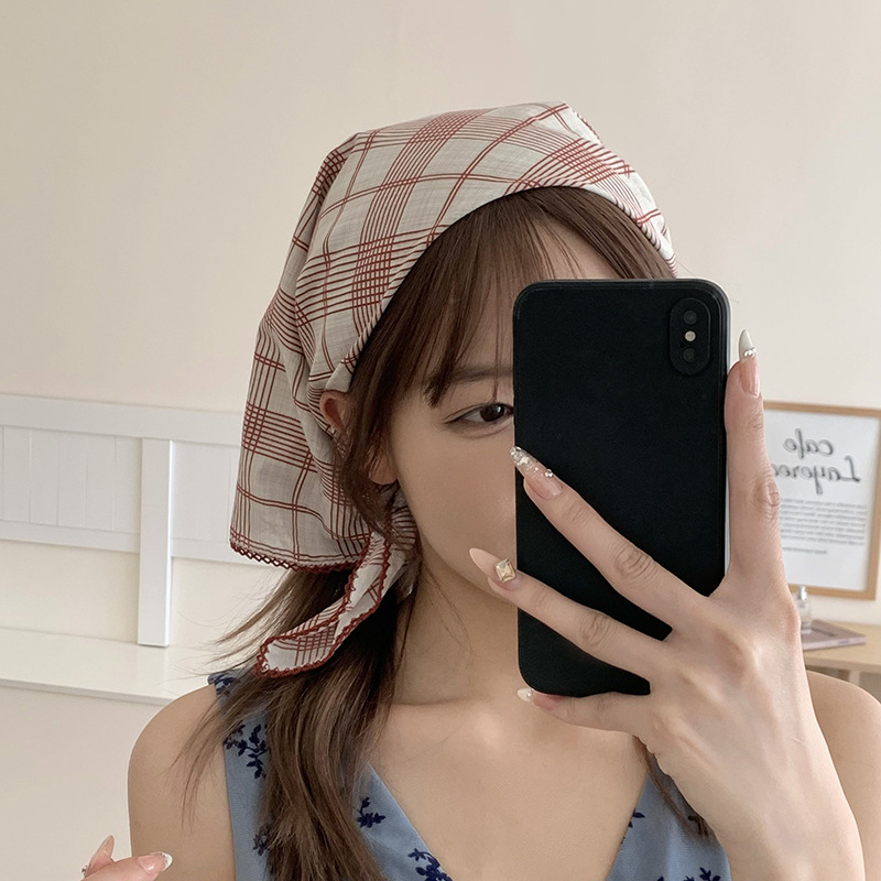 Bolsa a cuadros, pañuelo en la cabeza, niña de verano, estilo pastoral de primavera y verano, bufanda de seda francesa, bufanda cuadrada pequeña, bufanda pequeña, bolsa de toalla de seda, cinturón