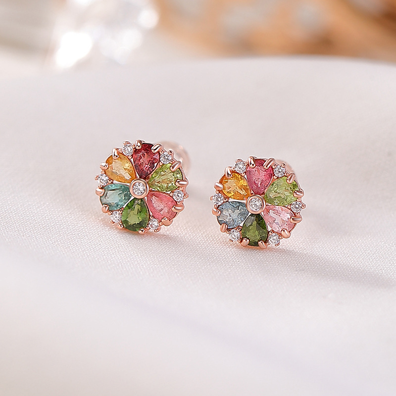 Bông tai bạc S925 mạ vàng hồng đính tourmaline hình hoa cúc ánh sáng — một cặp