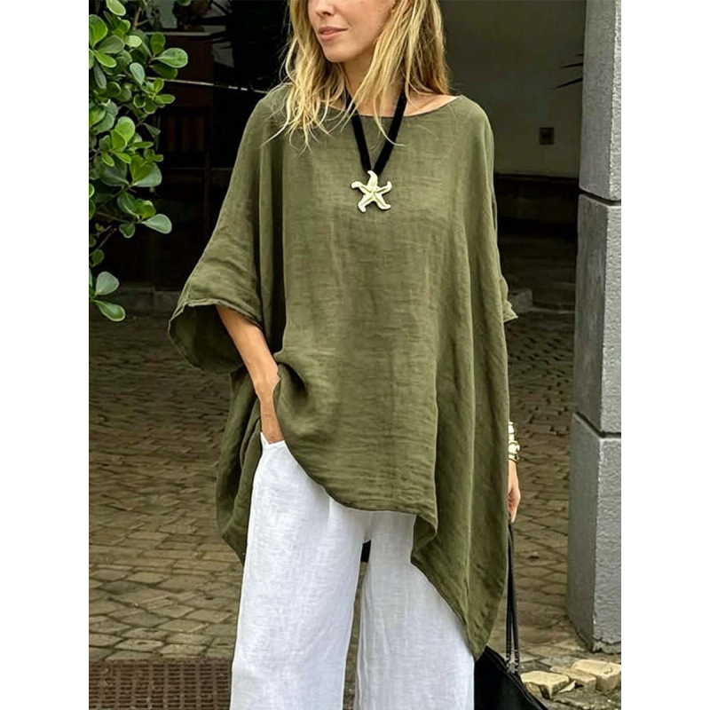 2026 European and American Export Women's Irregular Hem Cotton and Linen Shirt, Fashionable Solid Color Round Neck 3/4 Sleeve Casual Top
