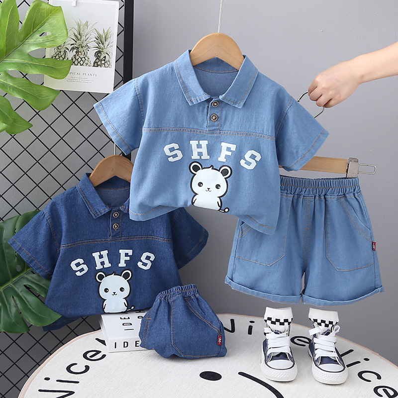 Children's Foreign Trade Short-Sleeved Suit Summer Boys' Summer Clothing Trendy Denim Shirt Two-Piece Set Manufacturer Wholesale Children's Clothing